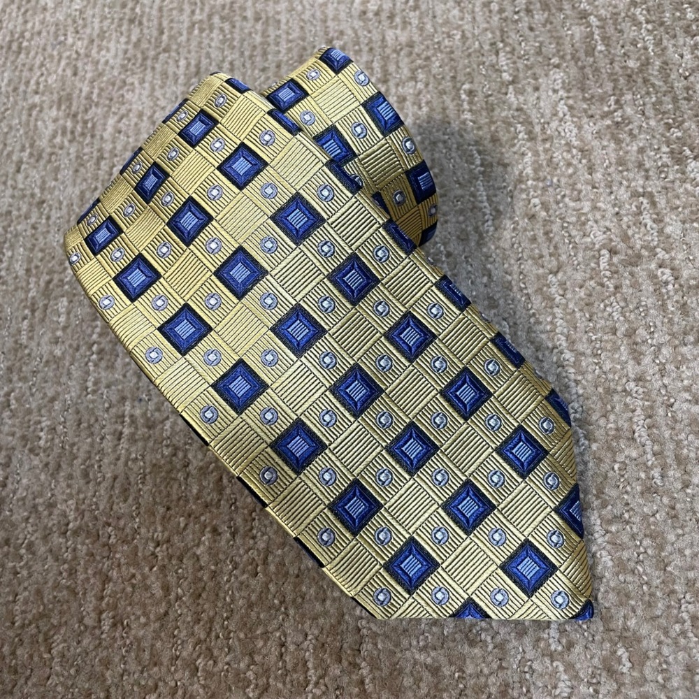 Robert Talbott Carmel Silk Tie Gold Blue Geometric‎ Hand Sewn Made in USA Luxury